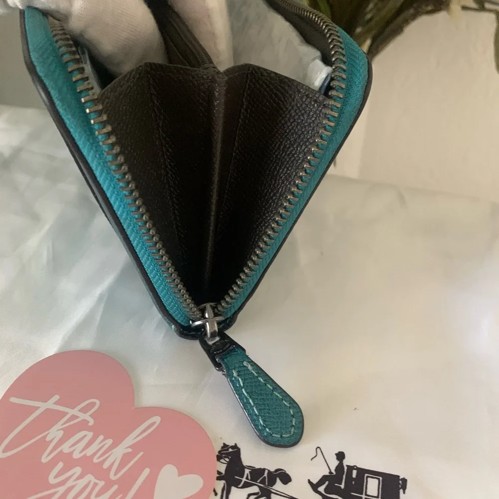 Coach Metallic Turquoise Accordion Zip Around Wallet